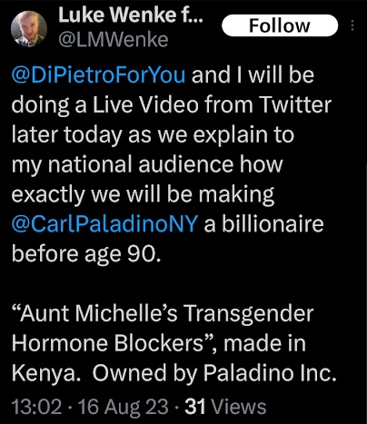 luke wenke says he is going live with ny assemblyman david dipietro x/twitter screenshot august 2023