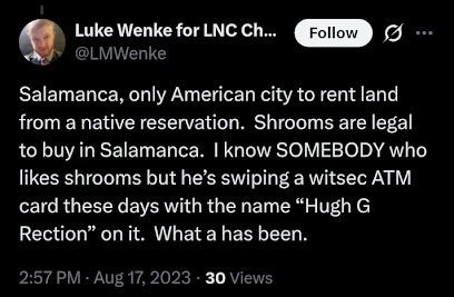 luke wenke accuses stalking victim of abusing magic mushrooms x/twitter screenshot august 2023