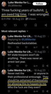 luke wenke stalker olean x twitter screenshot demands owed incel self-pity