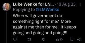 luke wenke x twitter screenshot demands self-pity owed