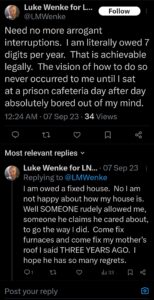 luke wenke self-pity demands owed  twitter screenshot 