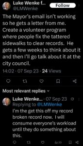 luke wenke x twitter screenshot mayor bill aiello olean letter writing obsession 2023
