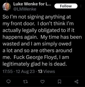 luke wenke twitter screenshot racist george floyd 2023