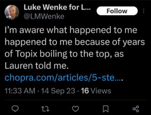 luke wenke self-pity demands owed  twitter screenshot topix bragging