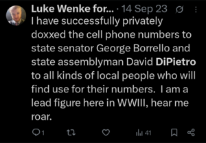 luke wenke self-pity demands owed  twitter screenshot bragging doxxing doxing