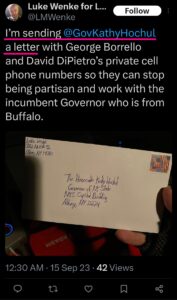luke wenke x twitter screenshot kathy hochul letter writing obsession 2023
