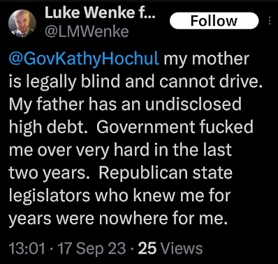 luke wenke complaining to governor kathy hochul about his blind mom x/twitter screenshot september 2023