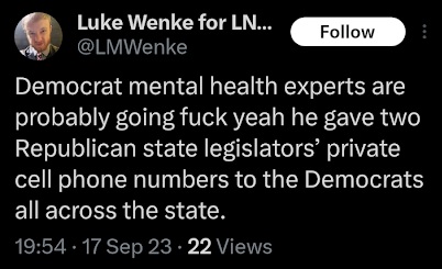 x/twitter screenshot of luke wenke bragging about doxxing politicians september 2023
