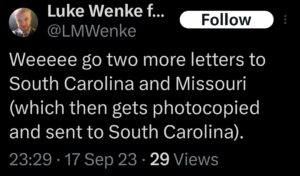 luke wenke x twitter screenshot letter writing obsession 2023