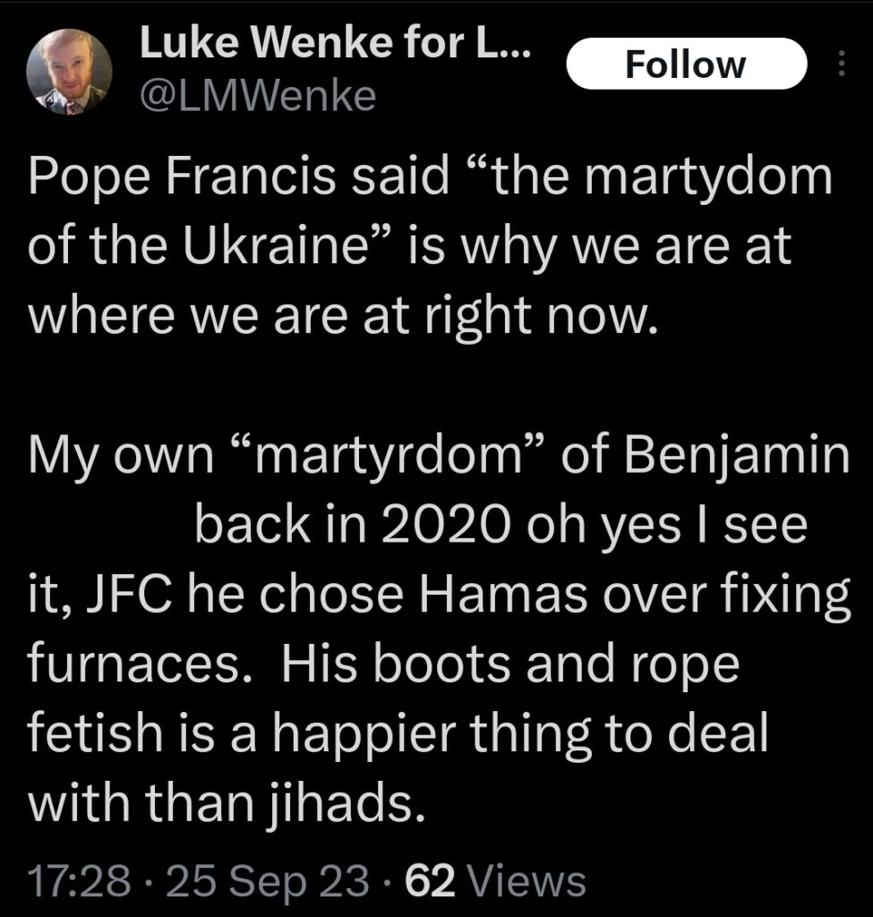 luke wenke x twitter screenshot ryan benjamin teeter obsession 2023