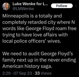 luke wenke minneapolis george floyd racist tweet x screenshot twitter 2023