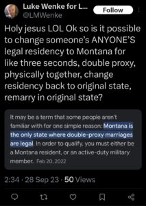 luke wenke x twitter screenshot double proxy marriage montana 2023 ryan teeter obsession stalker erotomania