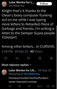 luke wenke x twitter screenshot letter writing obsession 2023