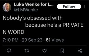 luke wenke x twitter screenshot racist tweet n word 2023