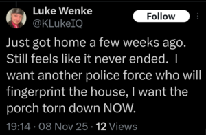 luke wenke x twitter screenshot demands self-pity owed