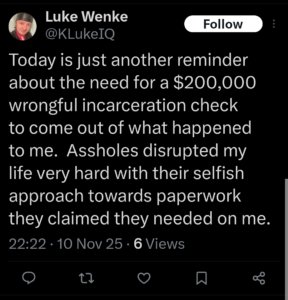 luke wenke self-pity demands owed  twitter screenshot