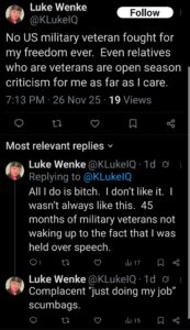 luke wenke x twitter screenshot antimilitary antiveteran antiamerican