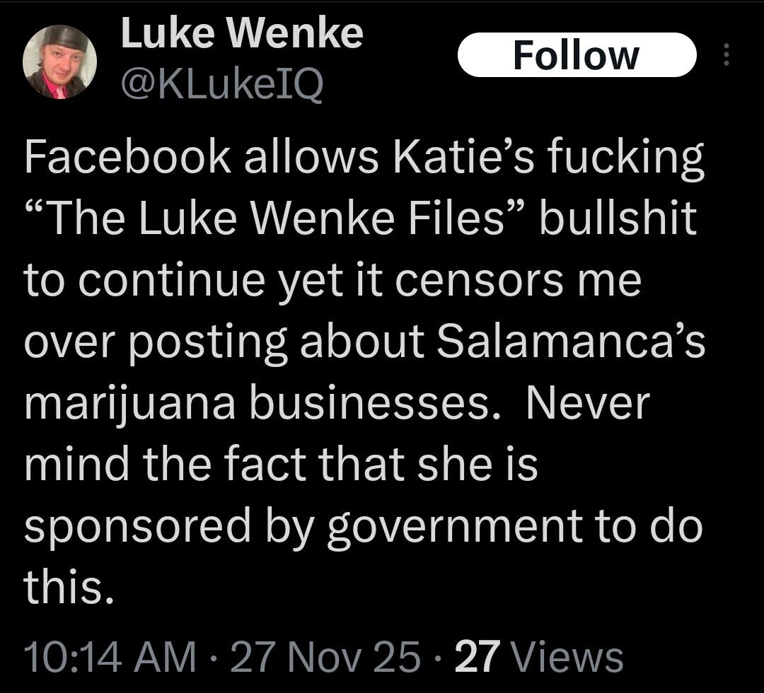 screenshot of a november 2025 luke wenke x/twitter post about stalking victim katie's website