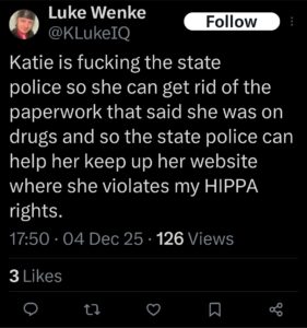 luke wenke katie obsession x twitter screenshot 2025 false allegations