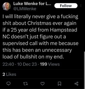 luke wenke ryan benjamin teeter obsession twitter x screenshot 2023 christmas phone call
