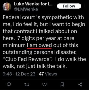 luke wenke x twitter screenshot owed demand reparations 2023