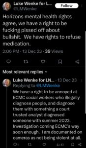 luke wenke x twitter screenshot resistance to mental health treatment 2023
