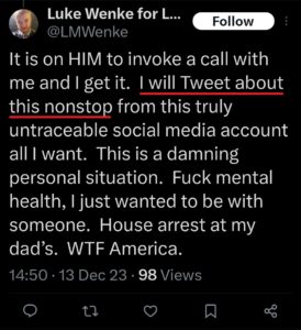 luke wenke ryan benjamin teeter obsession twitter x screenshot 2023 christmas phone call