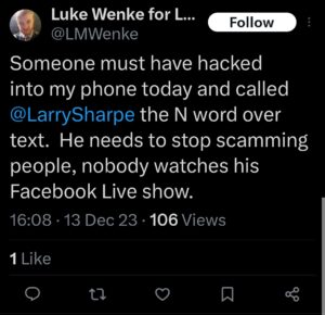 luke wenke x twitter screenshot racist larry sharpe libertarian n word 2023