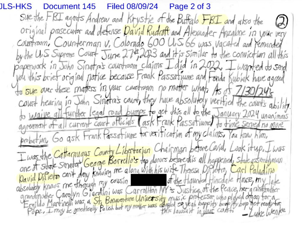 letter from luke wenke to the honorable lawrence j. vilardo 08/09/2024