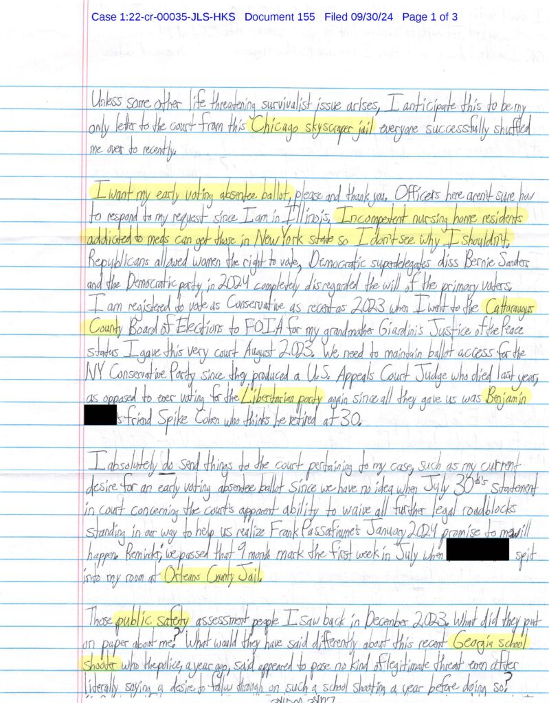letter from luke wenke to federal judge john sinatra jr.; september 2024