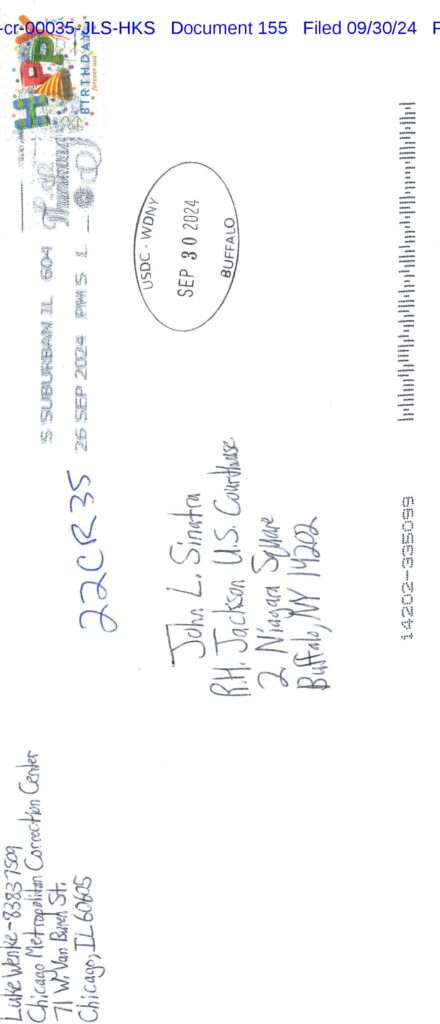 letter from luke wenke to federal judge john sinatra jr.; september 2024