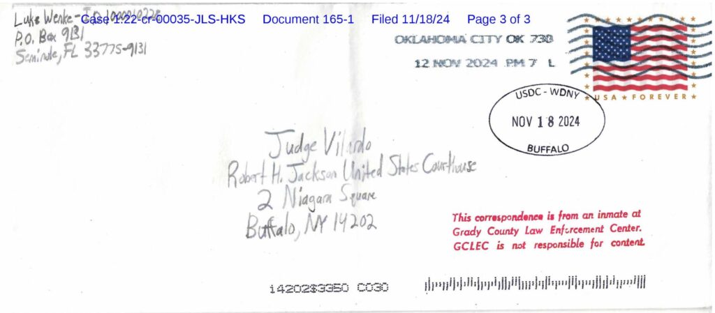 letter from luke wenke to the honorable john l. sinatra jr. 11/2024
