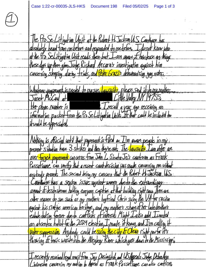 letter from luke wenke to the pro se assistance unit in buffalo ny 05/02/2025