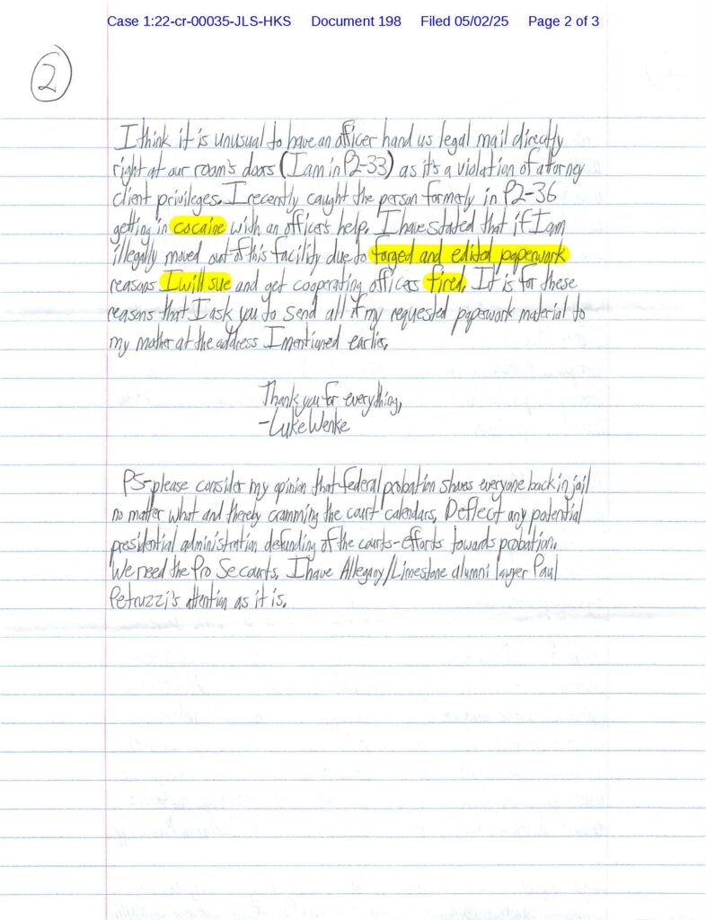letter from luke wenke to the pro se assistance unit in buffalo ny 05/02/2025