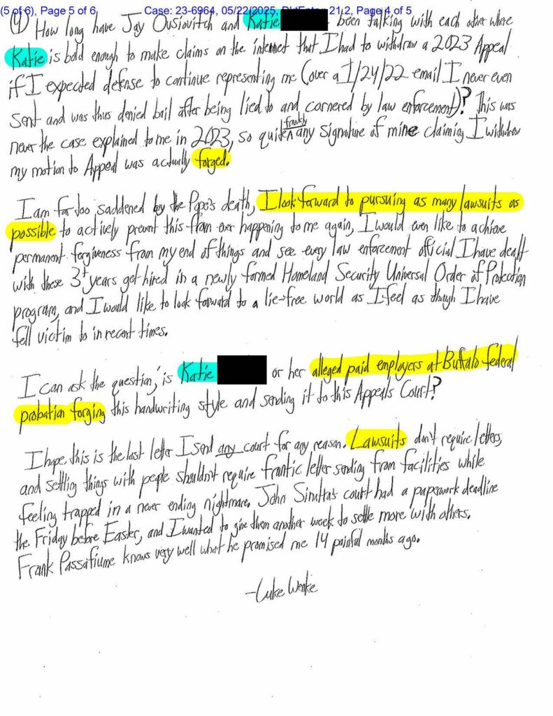 letter from luke wenke to the us second circuit court of appeals in nyc 05/22/2025