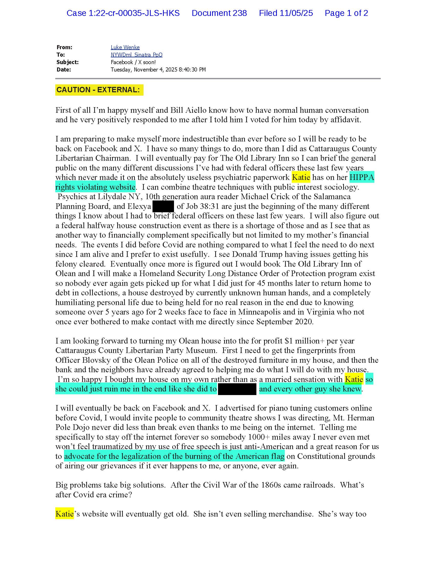 an email from luke wenke to the honorable john l. sinatra, jr; 11/05/2025.