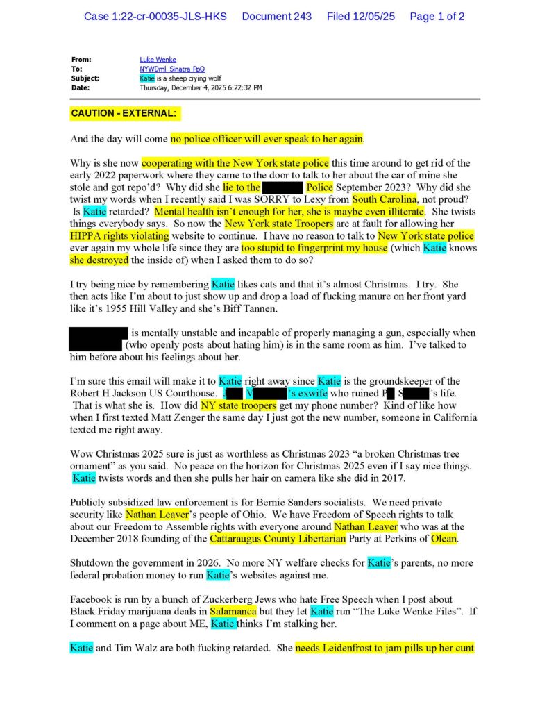 an email from luke wenke to judge john sinatra jr. december 2025