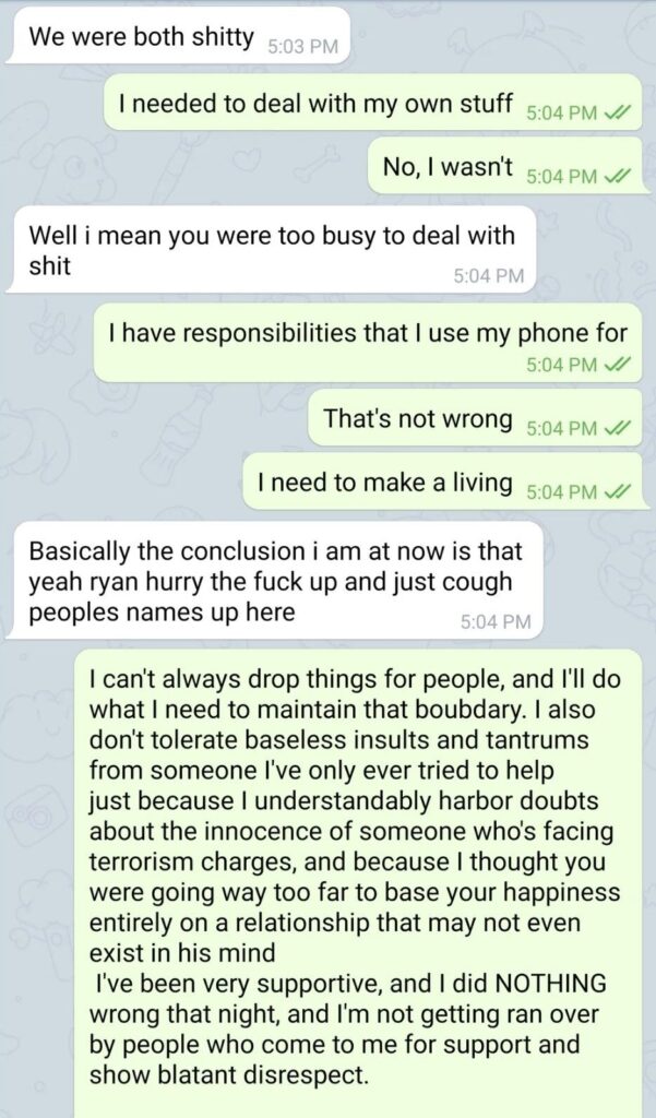 telegram conversation between luke wenke and katie 2020