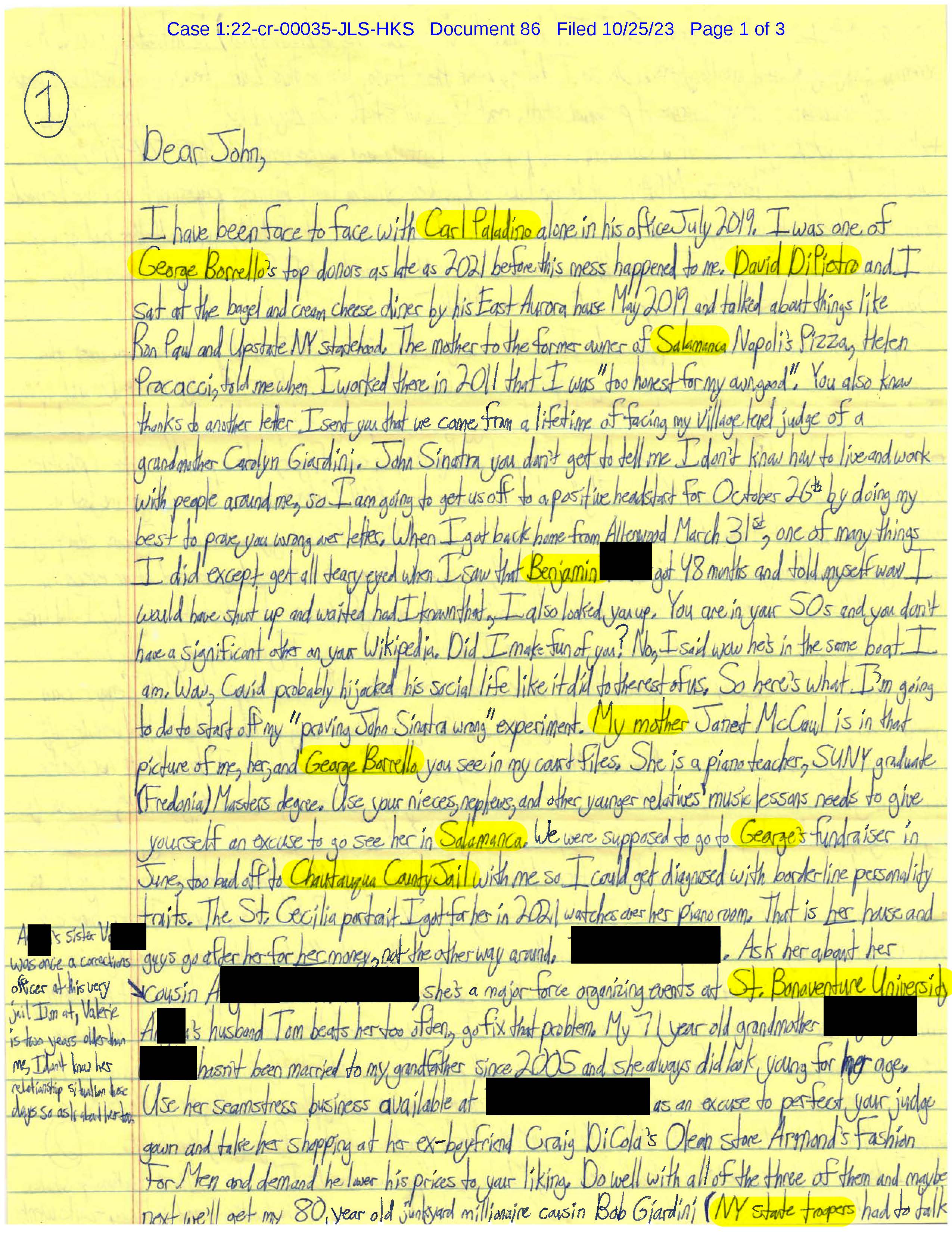 a letter from Luke Wenke to the Honorable John L. Sinatra, Jr; October 2023.
