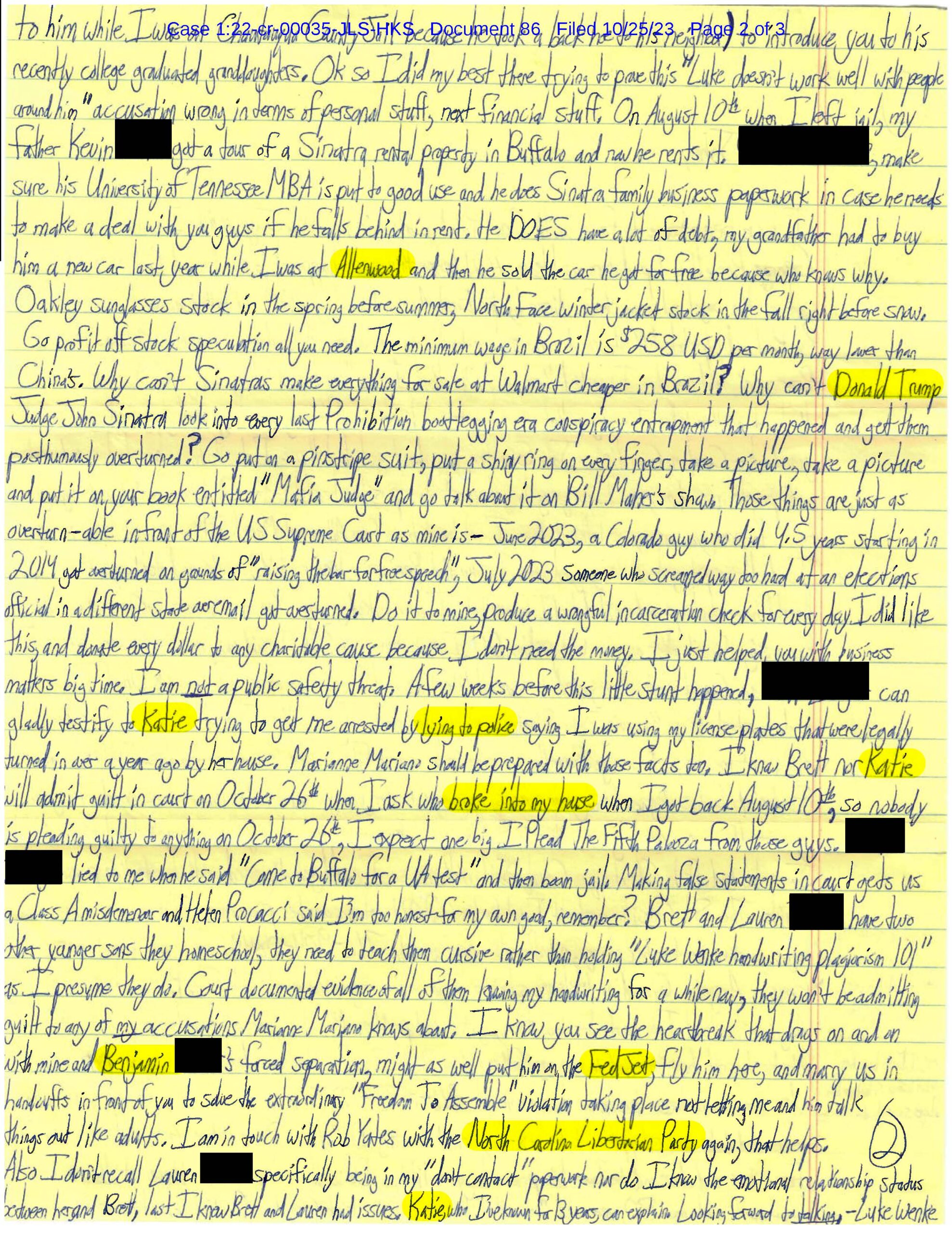 a letter from Luke Wenke to the Honorable John L. Sinatra, Jr; October 2023.