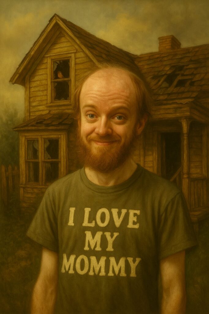 not luke wenke balding bearded white man standing in front of house i love my mommy tshirt