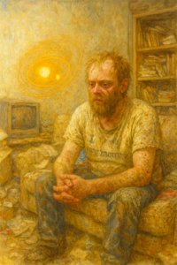 not luke wenke imagination sitting on couch hoarded house disheveled daydream miserable white man receding hairline