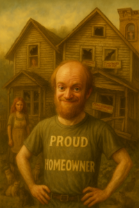 not luke wenke balding white man proud homeowner tshirt blighted decrepit house disrepair condemned ramshackle redheaded woman cats
