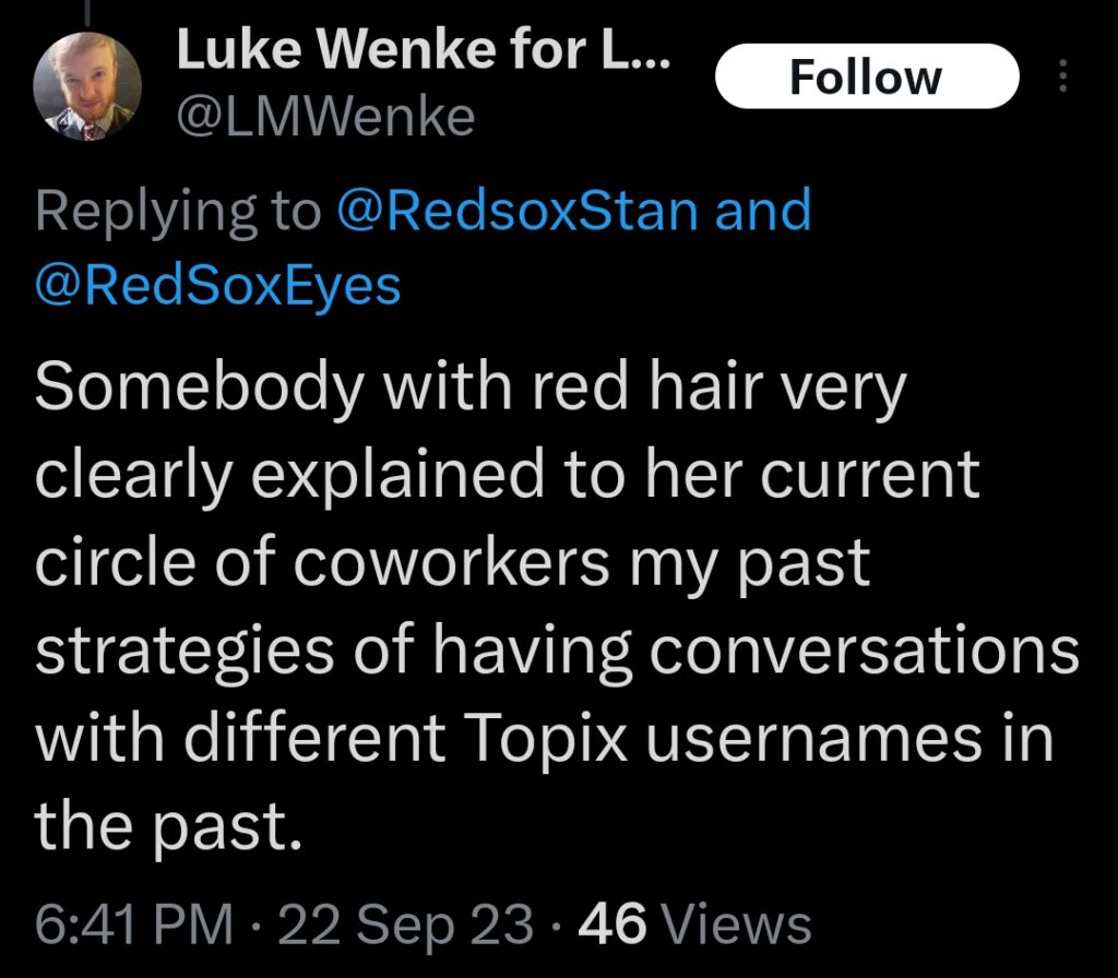 screenshot of an x/twitter post by Luke Wenke mocking stalking victim Katie september 2023