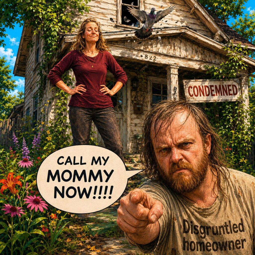 angry disheveled white man demanding that someone call his mommy while she stands behind him proudly in front of a condemned house