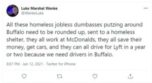 luke wenke tweet 2021 poverty shaming poor shaming homeless shaming