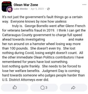 luke wenke facebook screenshot 2023 false allegations welfare fraud george borrello