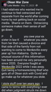 luke wenke facebook screenshot wenkeville theft 2023