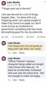 luke wenke facebook screenshot owed demands 2023