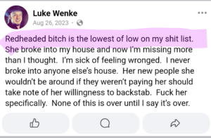 luke wenke facebook screenshot katie obsession redheaded bitch